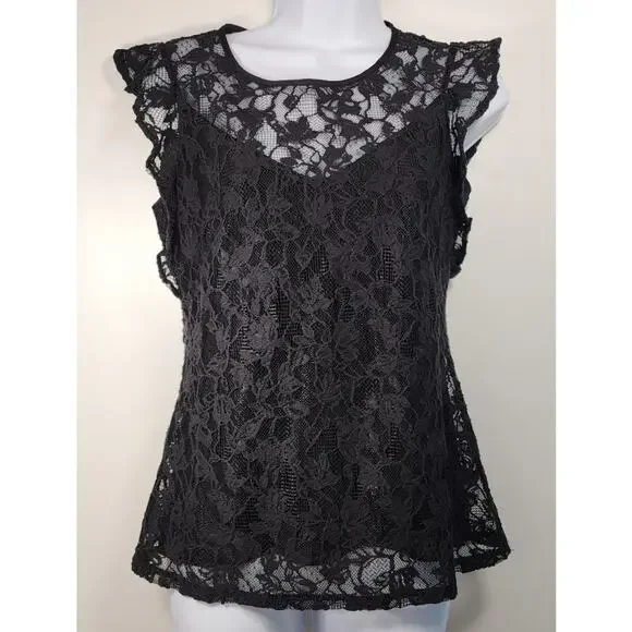 NWT WHBM Lace Blouse Black Size 2 Sheer Feminine Romantic Top - Picture 1 of 14